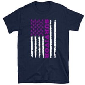 A t-shirt with an american flag in purple and white.