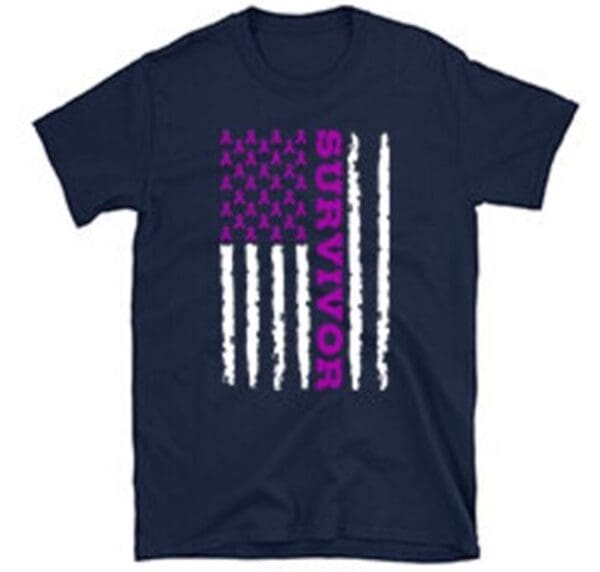 A t-shirt with an american flag in purple and white.